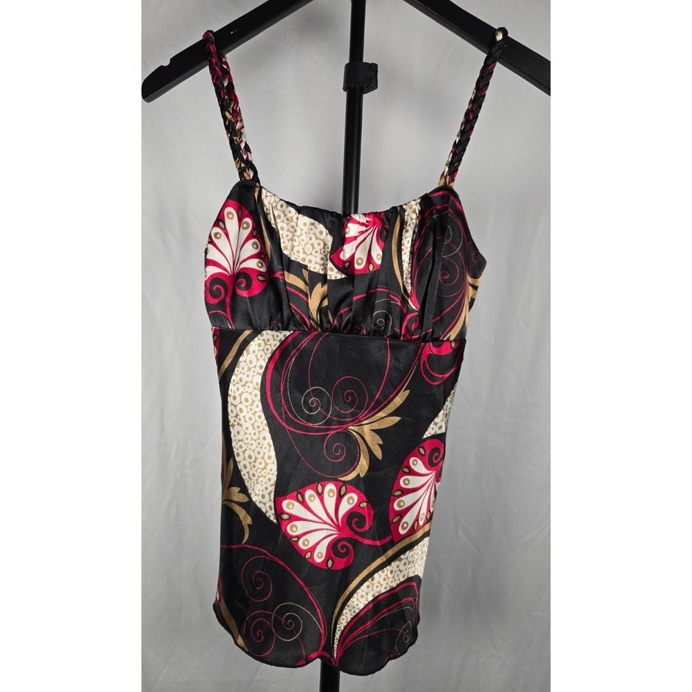 BCX‎ Y2K VTG Red Black Satin Babydoll Cami Top Sz S Ruched Bust Braided Straps